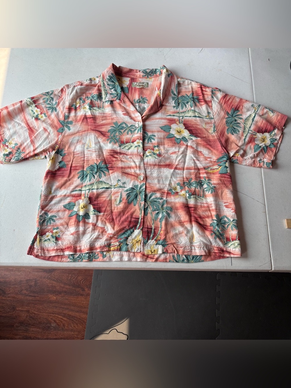 Tommy Bahama Silk Hawaiian Shirt Womens Coral Pink Sunset Palm Tree Hibiscus